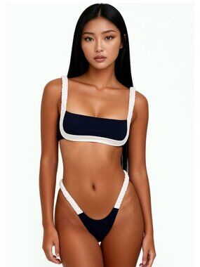 🆕 Small Black White Colorblock Bandeau High-Cut Cheeky Bikini Set NWOT